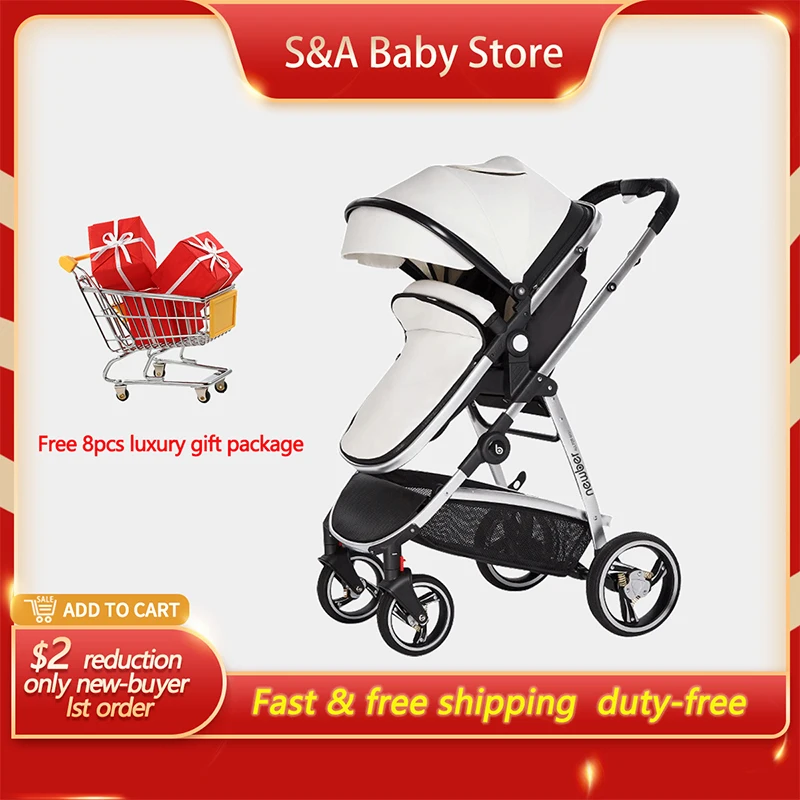 Free Shipping! PU Leather Luxury Baby Stroller High Land-Scape Pram Foldable Carriage Light Travel Pram