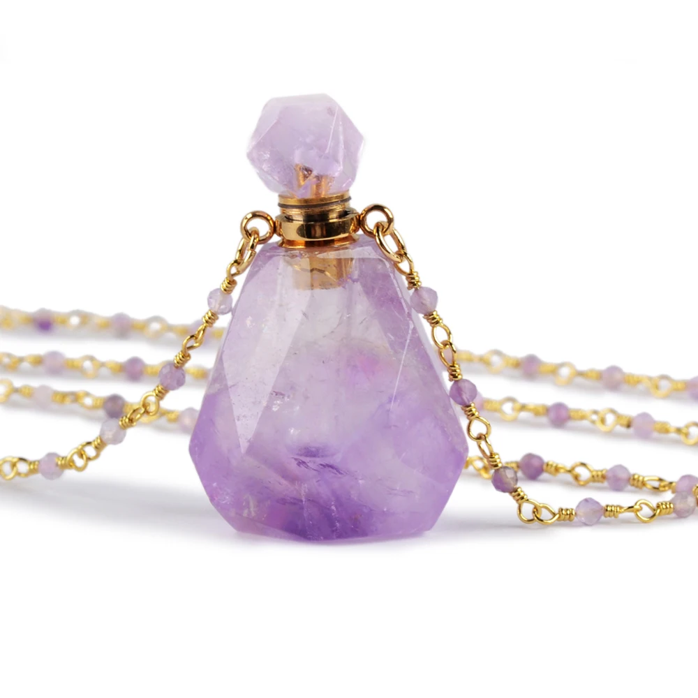 

Perfume Bottle Multi-Kind Natural Stone Essential Oil Bottles White Quartz Amazonite Amethysts 26" Women Necklace Dropshipping