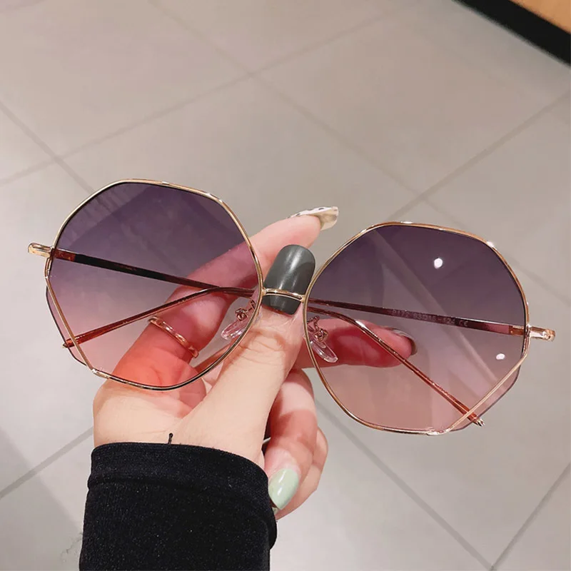 

High Quality Women's Polygon Oversized Sunglasses Lady Metal Grey Pink Shades Luxury Square Sun Glasses Female zonnebril dames