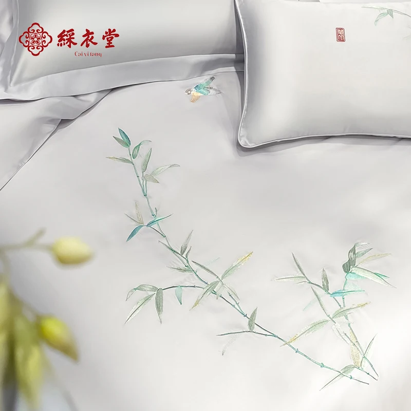 

Caiyitang 4pcs cotton fashion soft silk like bedding set birds embroidery bed quilt cover luxury concise style duvet cover set