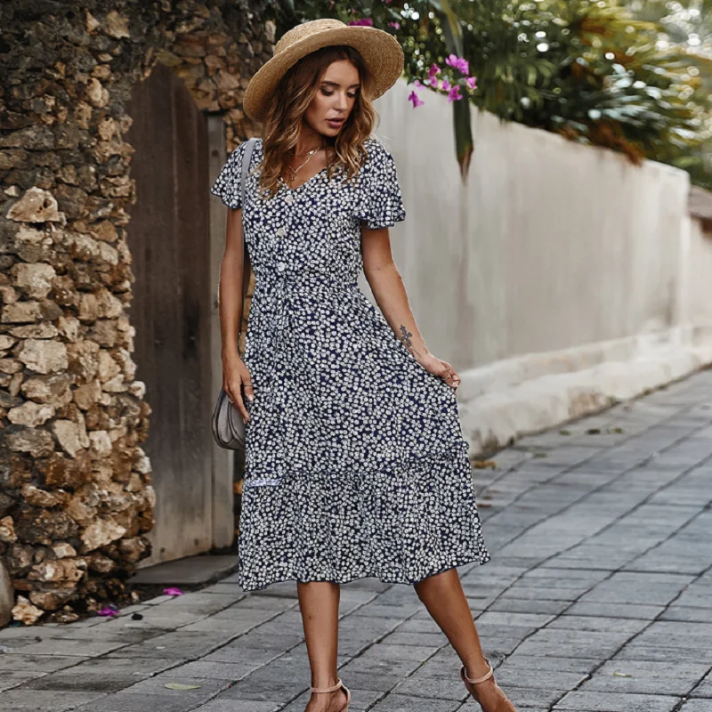 

2020 New Fashion Floral Dress Women High Waist Sashes A-Line Dress Short Sleeve Single Breasted Summer Bohemian Midi Dress