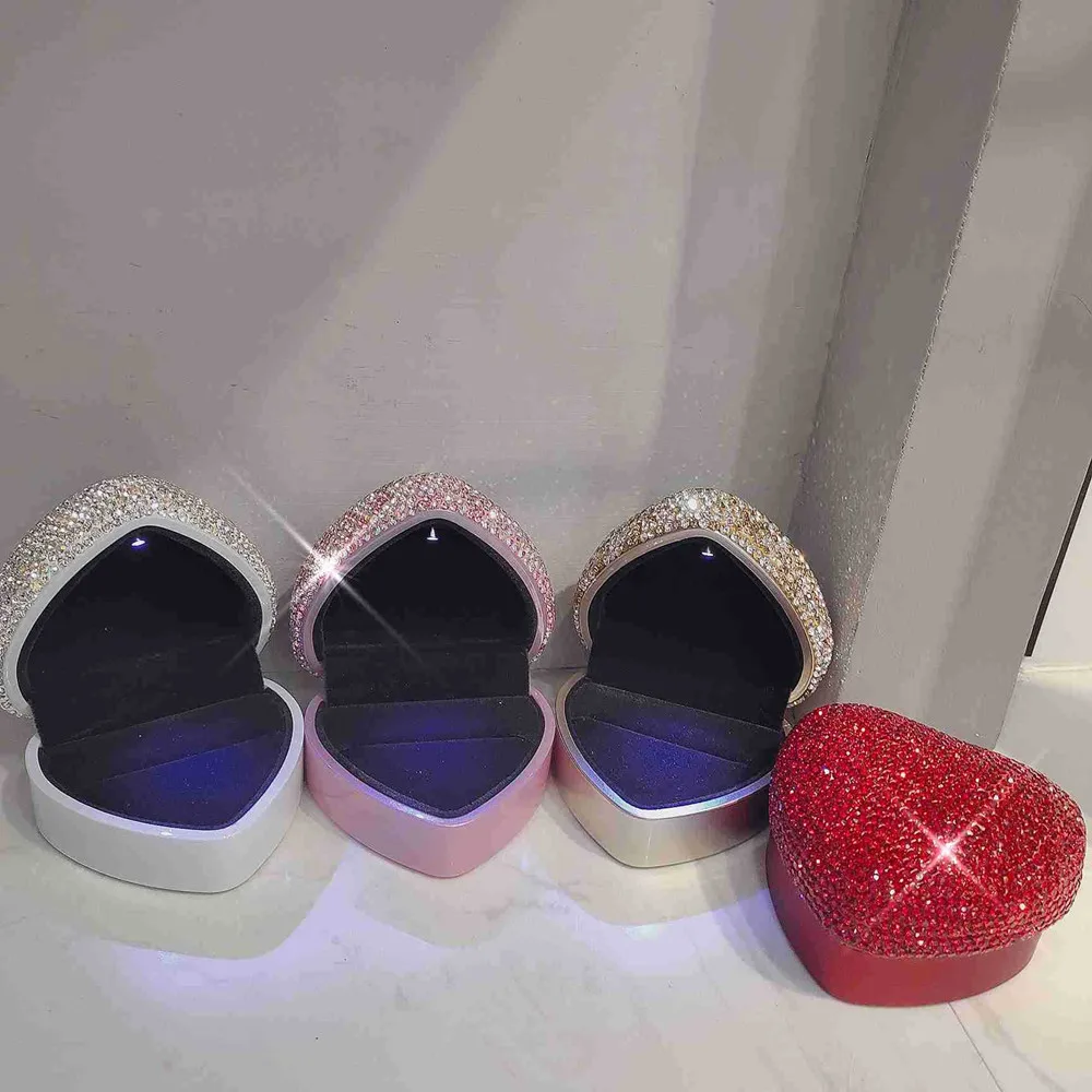 

Rhinestone Heart Shaped Engagement Ring Box Velvet Stand Earrings Coin Jewelry Box Box with LED Light Up Proposal Birthday Gift