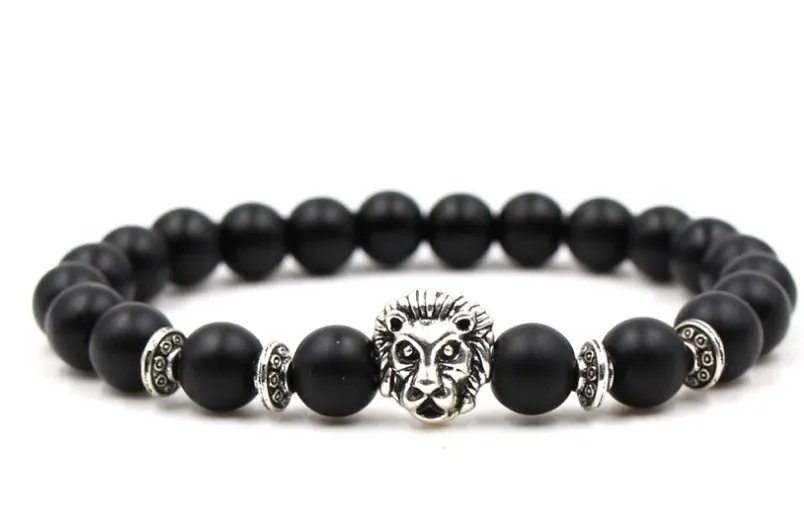 8mm dg2 gold silver ball Frosted agate Onyx nature black stone Lion head Bracelet Reiki Chakra Fashion | Украшения и аксессуары