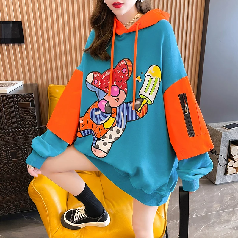 

2022 Spring Korean Cartoon Oversized Hoodie Fake Two Piece Double Layer Pullovers Tops Loose Print Cotton Drop Sleeves Clothes