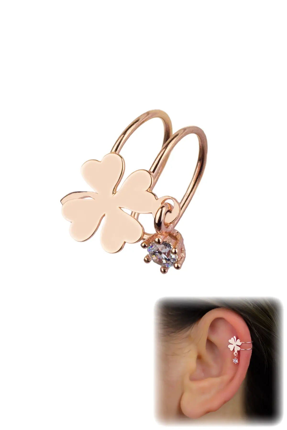 

Single Clover Zircon Stone Detail Cartilage Earring Women Basic Tarnish Silver Rose Piercing C-shaped Earcuffs Without Hole