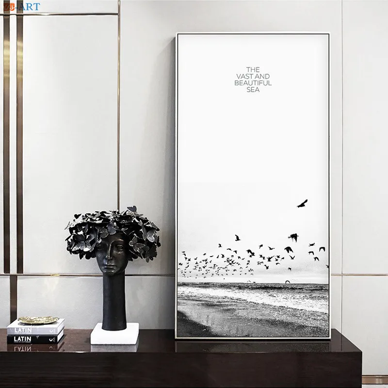 Черно белый настенный плакат с принтом чайки песчаный пляж пейзаж холст живопись