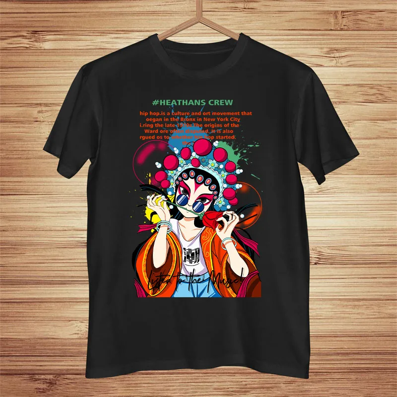 

Summer Fashion Peking Opera Graphic Print T Shirt Tops O-Neck Letter Short Sleeve Loose Cotton Asian Streetwear Tshirt Tops