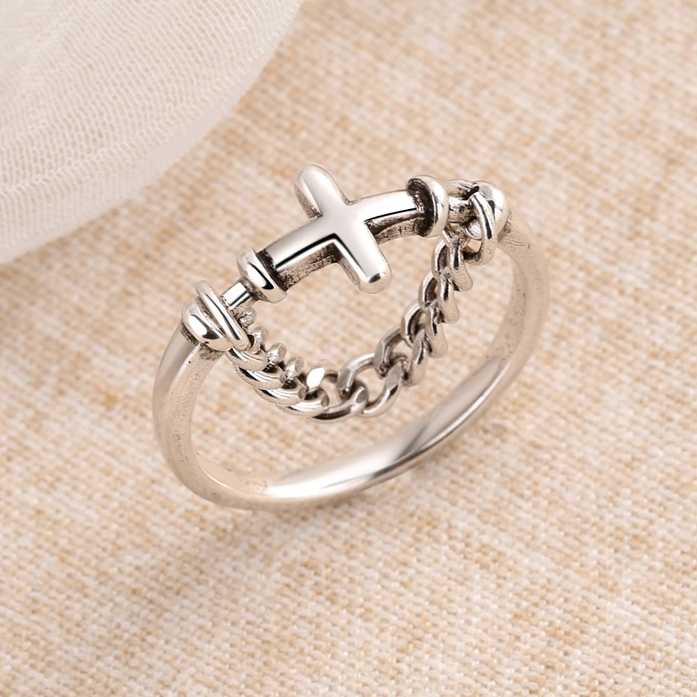 

Evimi 925 Standard Silver Vintage Punk Cross Thai Silver Ring With Silver Chain Open Finger Ring Jewelry Wholesale S-R636