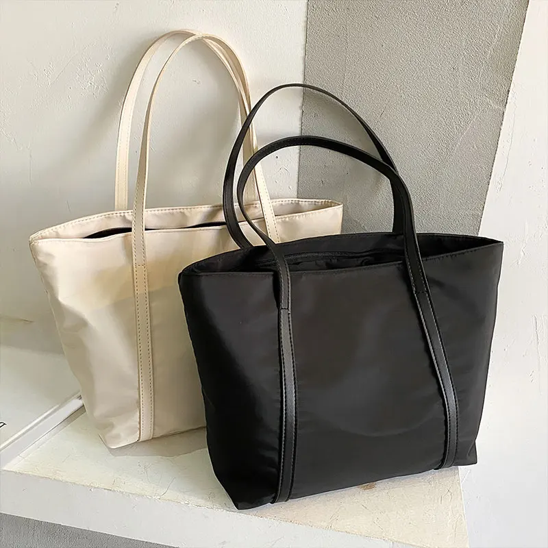 

Simple Solid Color Shoulder Handbag Oxford Top-Handle Totes Female Large Capacity Shopping Street Zipper Bags For Women 2021 New