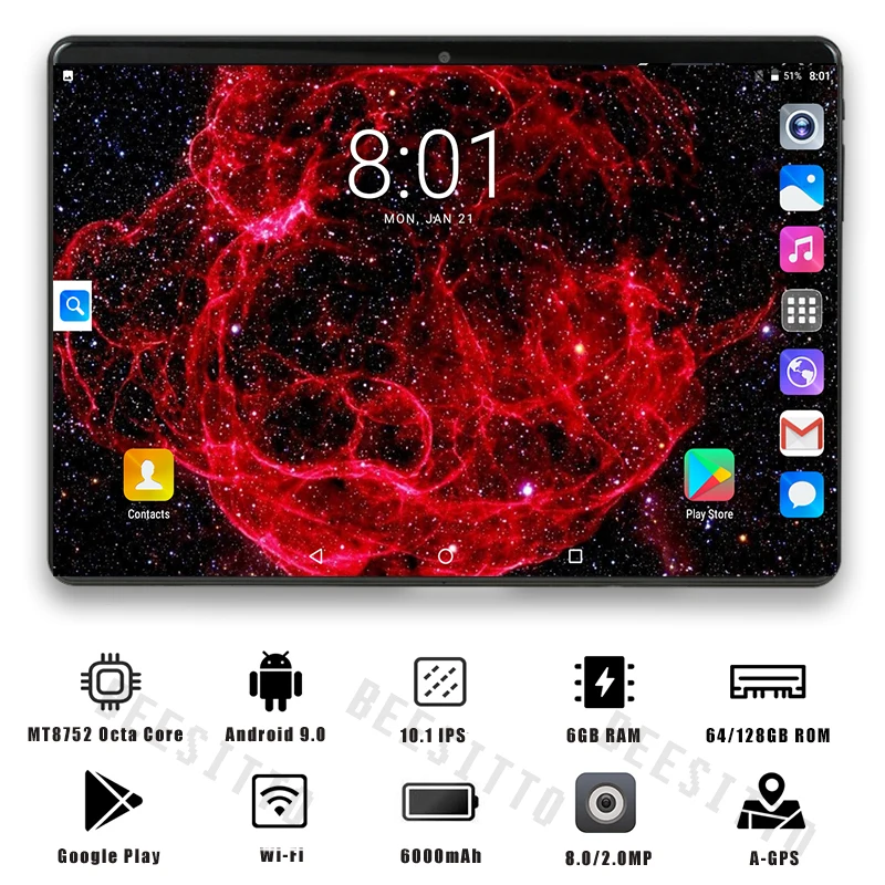Быстрая 10 дюймов 4G LTE планшетный ПК 6 ГБ ОЗУ 128 Гб ПЗУ 1280*800 ips 2.5D Закаленное стекло 10,1 планшеты gps Android 9,0+ подарок