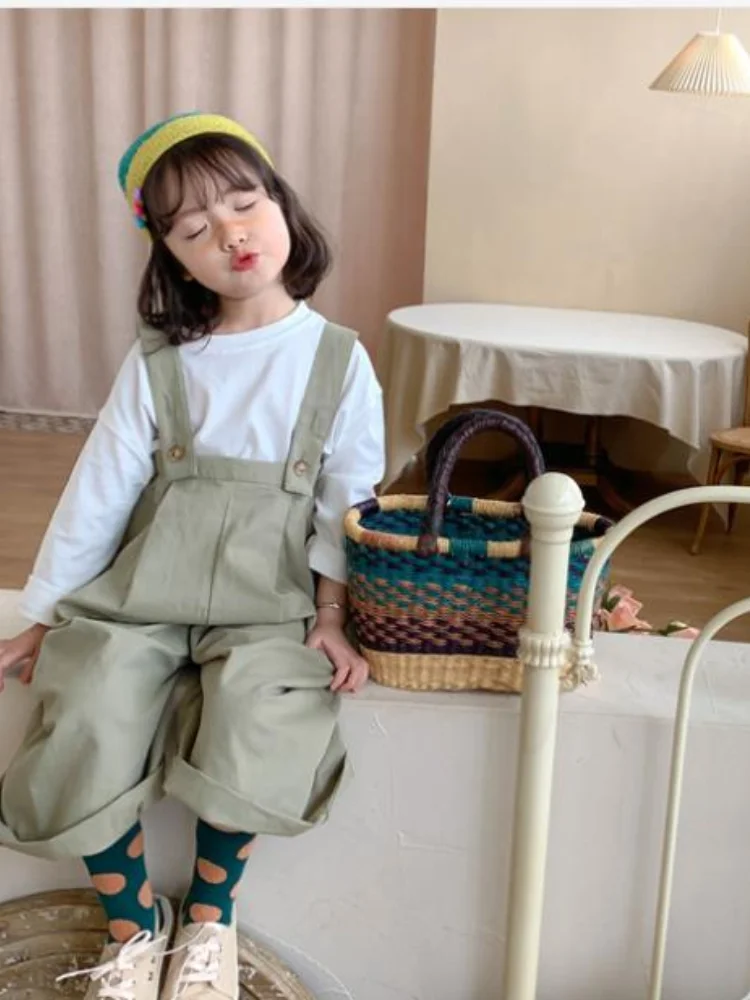 

Military Green Bib Kids Cotton Suspenders 2021 New Autumn Winter Pure Color Irregular Toddler Casual Girl Baby Overalls Outfit