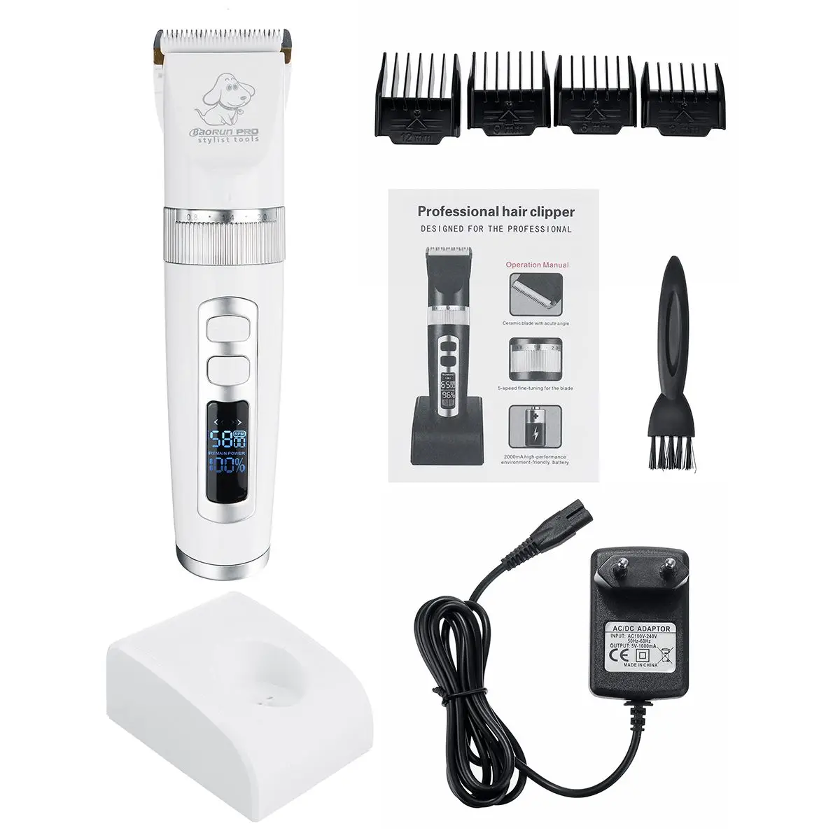 White EU Plug 2000 мАч Электрический заряжаемый Триммер для кошек и собак 3 шестерни 5 скоростей светодиодный малошумный клипер для стрижки собак набор бритв+ 4 ограничивающие насадки - Цвет: White EU Plug