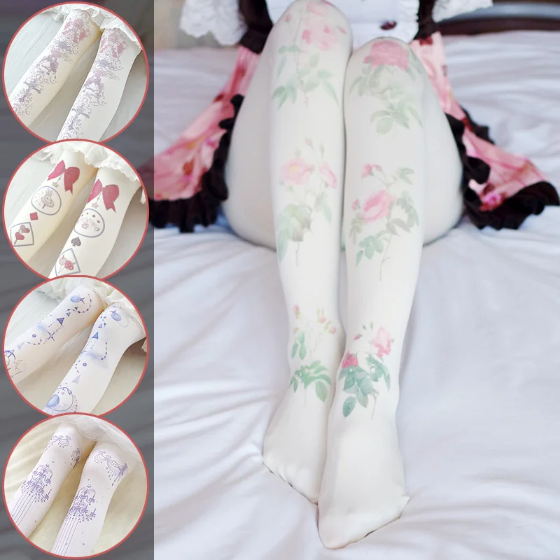 Japanese Sweet Lolita Stockings Retro Lolita Bronzing Printing Pantyhose Harajuku Tattoo Stocking Female Velvet Pantyhose