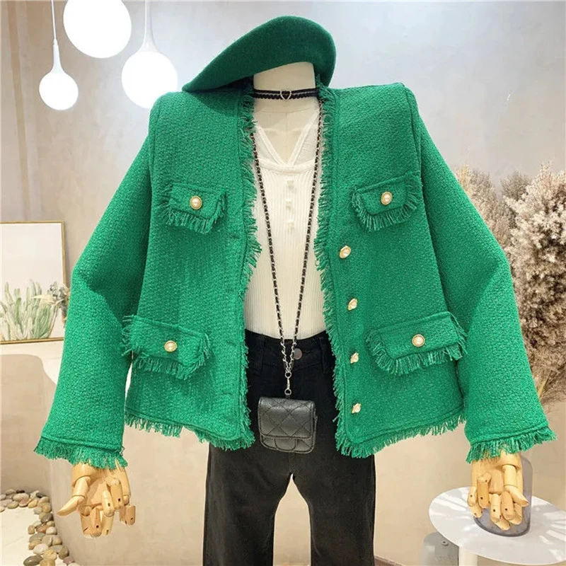 

Korean Fashion Tweed Jacket Women Spring Autumn V-Neck Single Breasted Tassel Small Fragrance Coat Trend Design Short Jackets