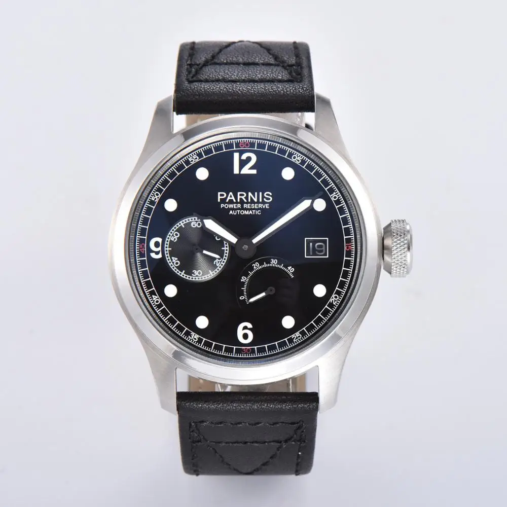 

PARNIS 47mm New Stainless case blac dial power reserve date Luminous automatic WATCH Leather strap ST 2530 mechanical mens watch