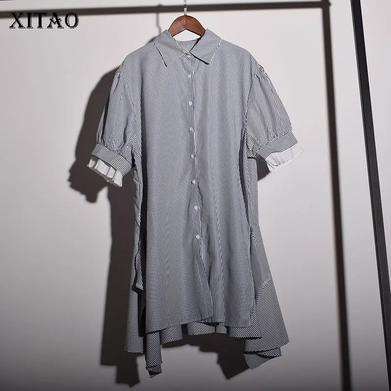 

[XITAO] Summer 2018 Europe Fashion New Turn-down Collar Short Sleeve Single Breasted Dress Female Striped Casual Dress LJT2387