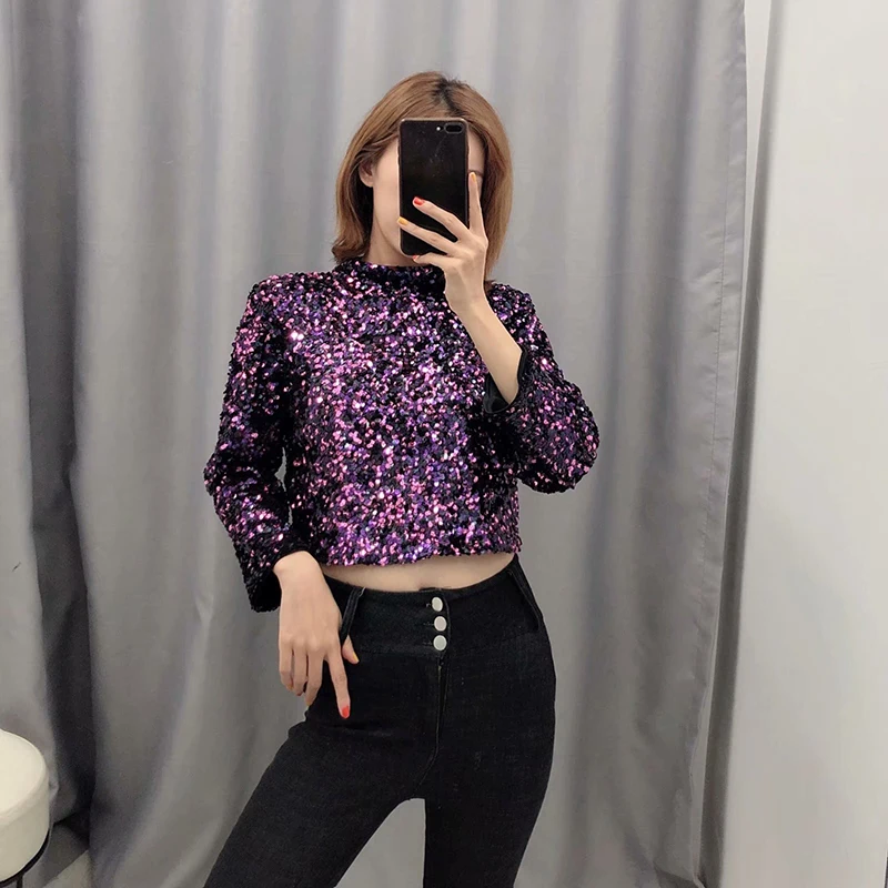 Женская Осенняя Сексуальная Блузка с блестками элегантные рубашки фиолетового