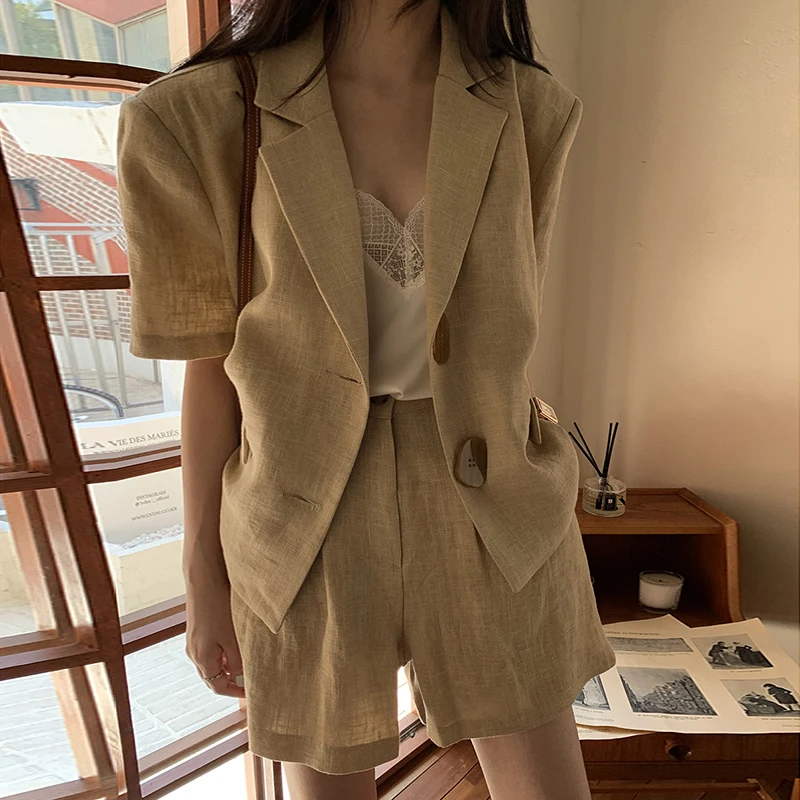 

GALCAUR Patchwork Casual Two Piece Sets For Women Lapel Short Sleeve Coats High Waist Shorts Solid Sets Female Summer 2021 Style
