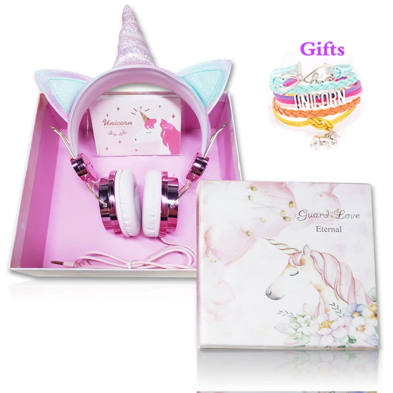 Headset With Box Funny Kids Headset Colorful Diamond Unicorn Headphones Music Stereo Wired Earphones With Gifts Box Christmas Brithday Gifts - Color: Headset With Box