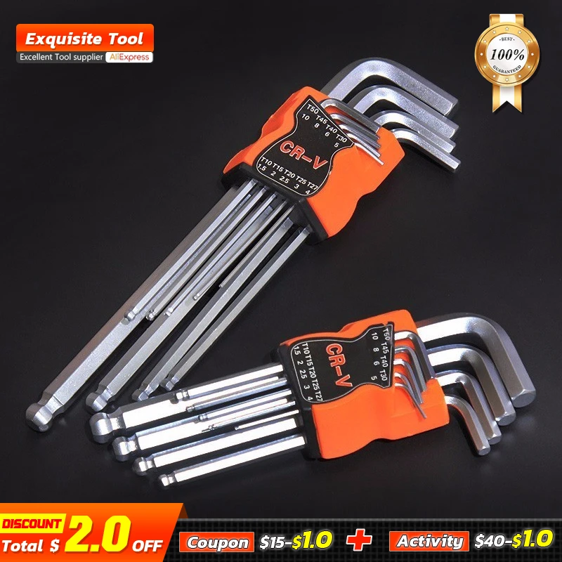 

FINDER 9PCS Double-End L Type Screwdriver Hex Wrench Set Allen Key Hexagon Flat Ball Torx Star Head Spanner Key Set Hand Tools