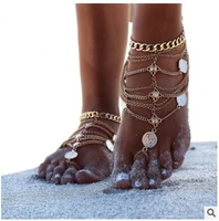 new european and american hot ornament punk retro beach metal coin foot decoration multi layer tassel chain anklet female