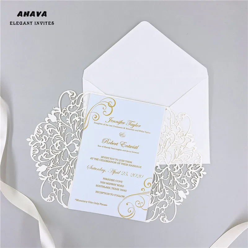 Перламутровая слоновая кость Lasercut приглашение карманные складные лазерная