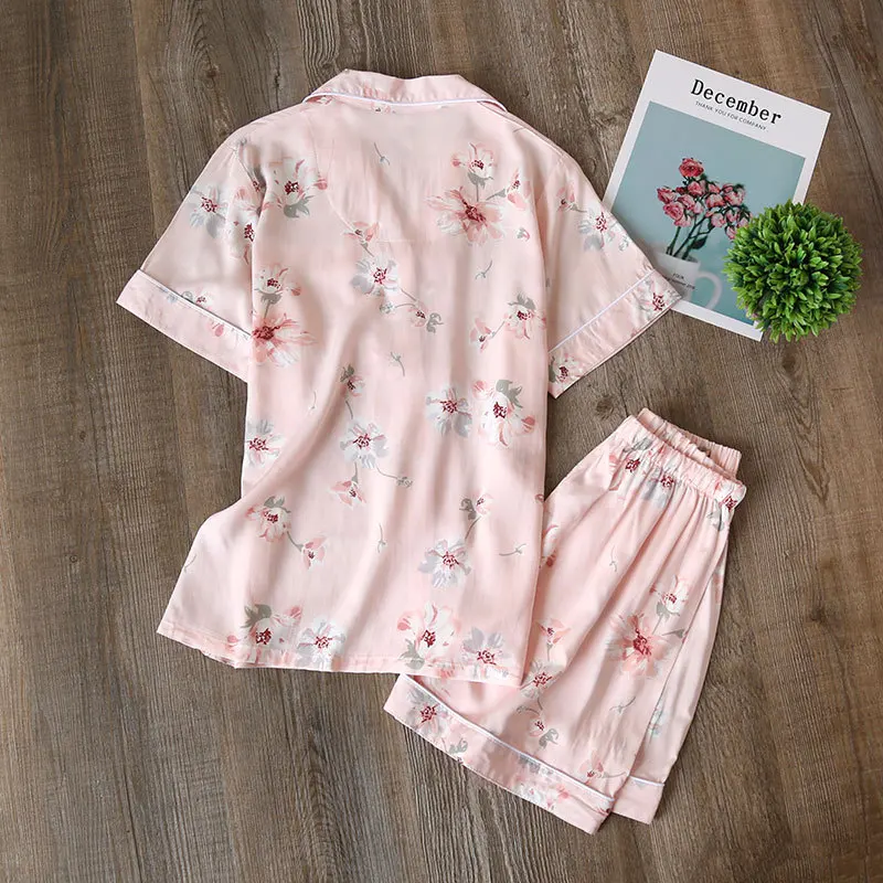 Summer Woman Pajamas Set Cotton Silk Short Sleeve with Shorts Thin  Person Cotton Sleepwear Woman's Cardigan Casual Home Wear