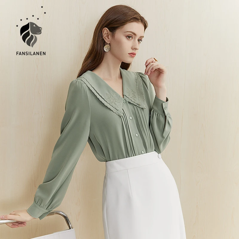 

FANSILANEN Embroidery floral chiffon blouse shirt Women double layer pleated vintage blouse Casual streetwear black top female