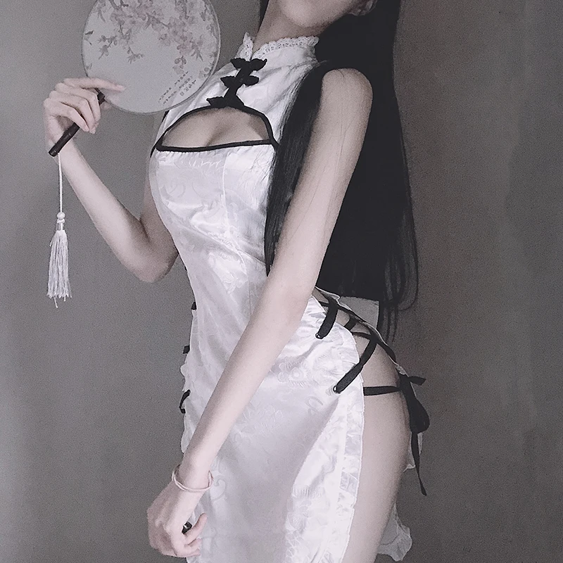 

Женское кружевное платье-Ципао, белое приталенное платье с открытой передней частью, Эротическое нижнее белье для косплея