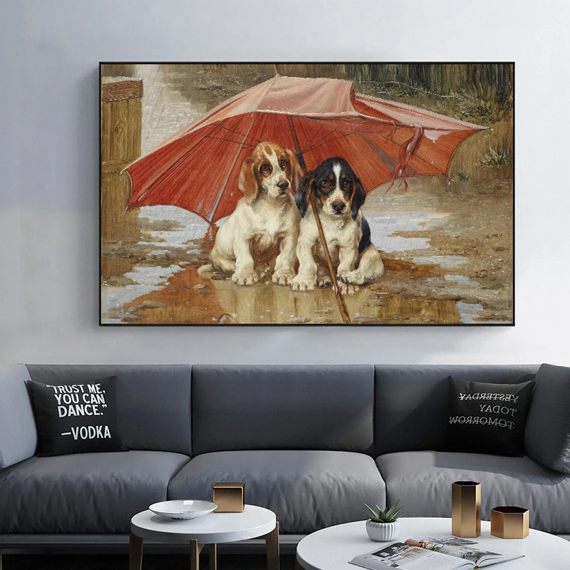 Poor Two Dogs under the Shabby Umbrella Oil Painting Prints on Canvas Wall Art Decorative Picture for Living Room Decor No Frame | Дом и сад