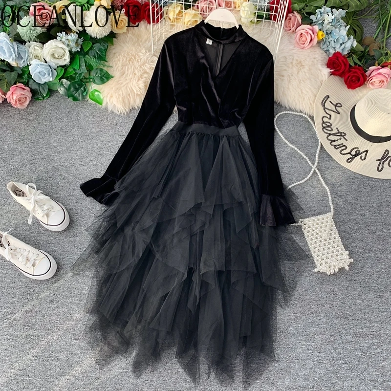 Платье с бархатной сеткой для праздника женское элегантное однотонное платье v