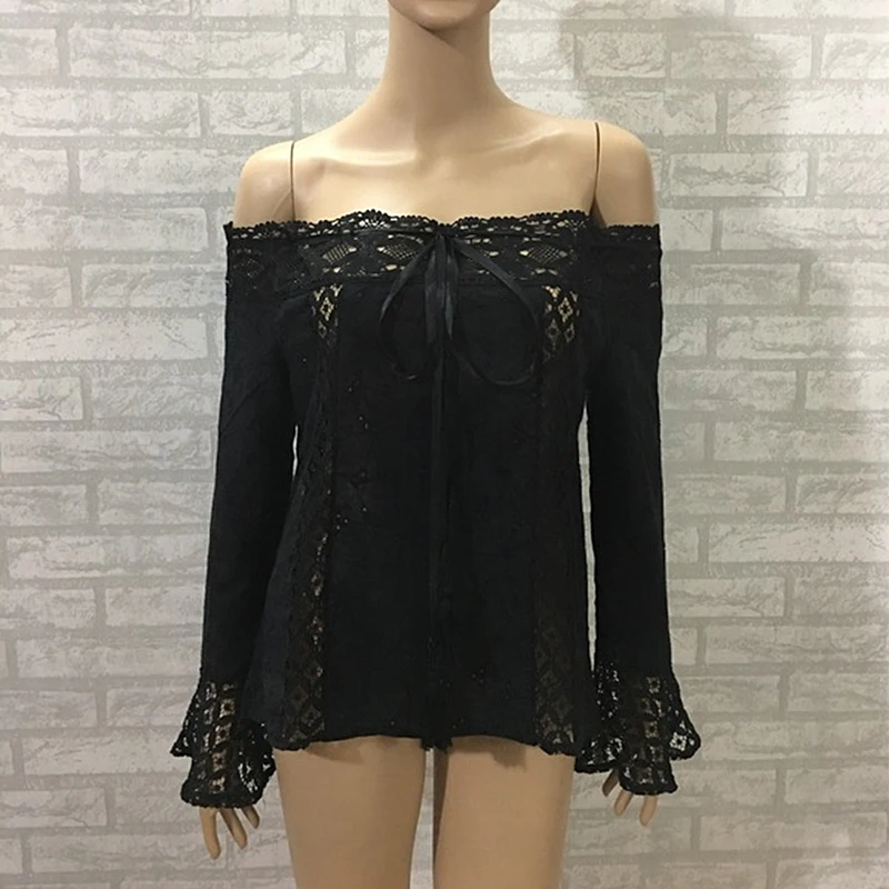 

White Lace Tops Women Off Shoulder Sexy T-Shirts Slash Neck Long Flare Sleeve Hollow Out Tassel Cotton Tees Girls Kawaii Clothes