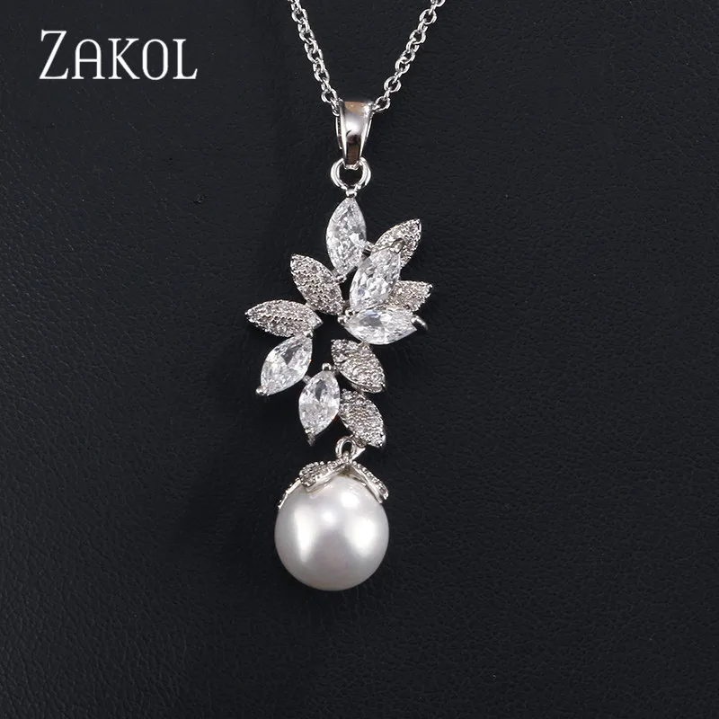 ZAKOL модный искусственный жемчуг и циркониевый цветок кулон ожерелье Свадебные