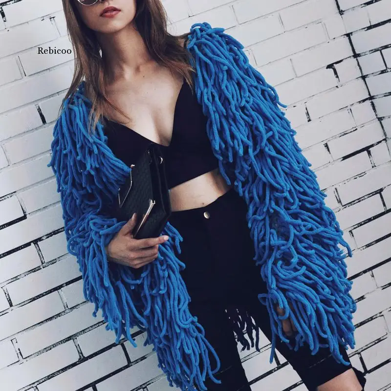 

Women Warm Knitting Shaggy Jacket Coat Sweater Soft Black Female Overcoat Autumn Winter Hairy Faux Fur Coat Cardigan