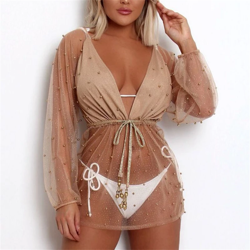 Сексуальное прозрачное мини платье с глубоким V образным вырезом модное бикини в