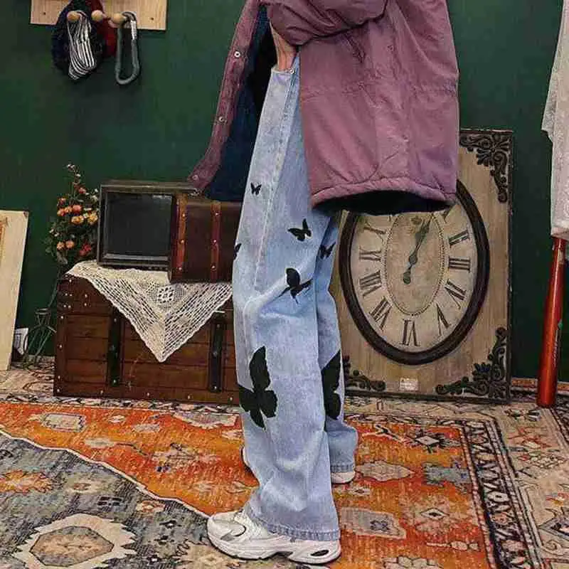 

Vintage Butterfly Jeans Women 2021 Summer Loose Oversize Plus Waist Straight Casual Harajuku Streetwear High Size Wide Pant S8U8