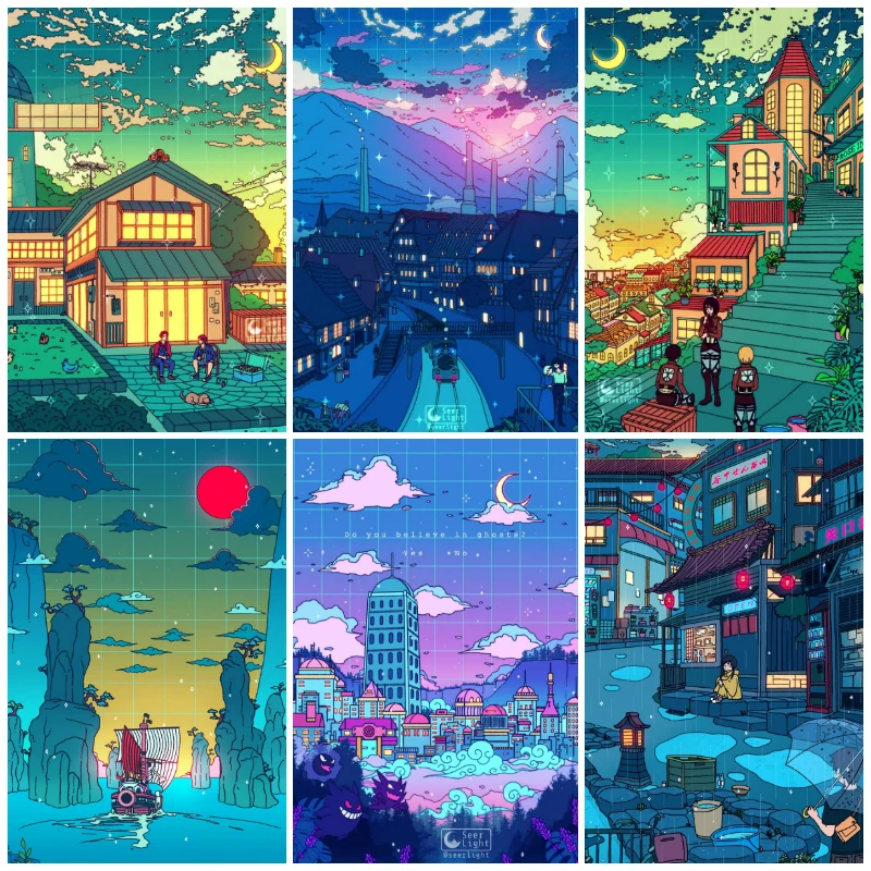 

Популярный плакат Seerlight аниме плакат городская Ночь Аниме Картина на холсте Простой Современный художественный плакат гостиная домашний Д...