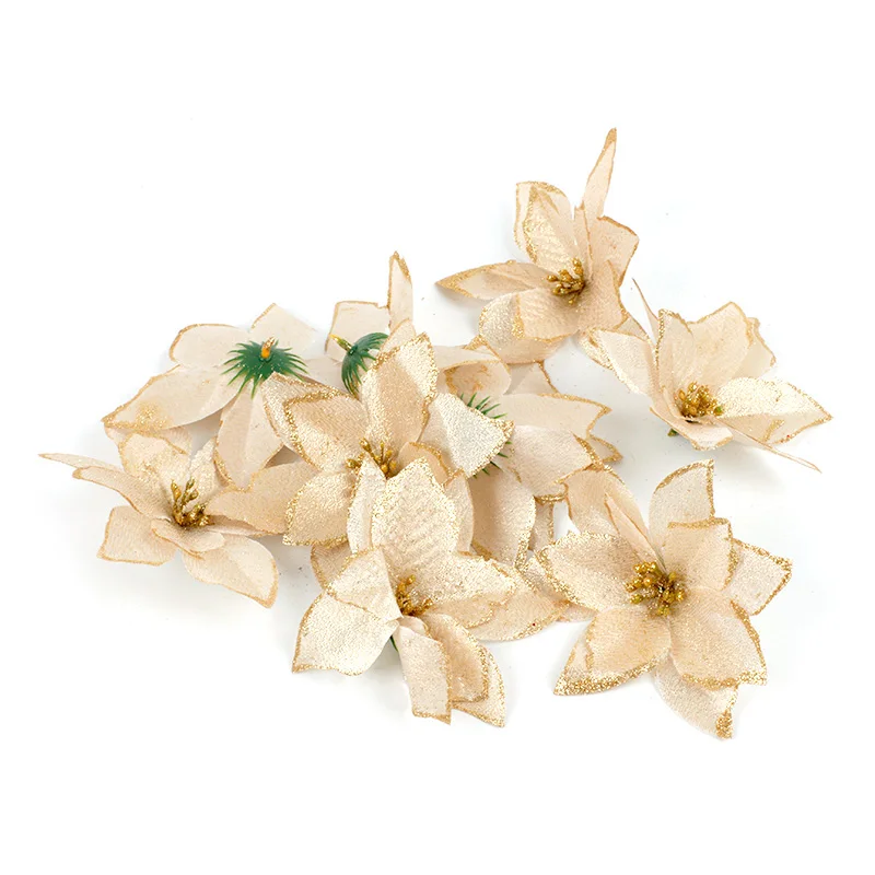 gold Искусственные цветы для украшения дома блестки Poinsettia поддельные цветы DIY свадебные декорации цветок голова Рождественская елка Декор - Цвет: gold