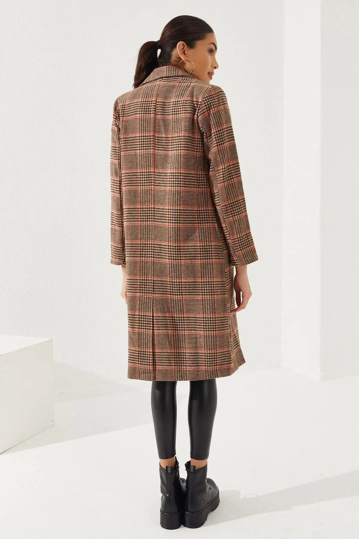 

Women's Brown Plaid Pattern Long Stamp Coat Winter Quality Fashion Jacket Coat Skirt Collar Vest Top Overcoat Blazer Hoodie