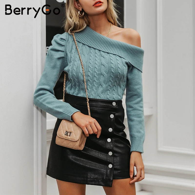 BerryGo Sexy one shoulder knitted sweater women Vintage puff sleeve pullovers female jumper Warm ladies autumn winter minimalist | Женская