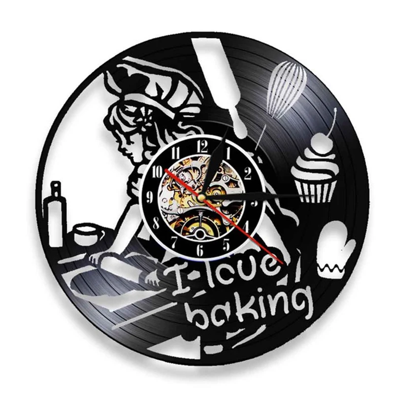 

I Love Baking Wall Clock Modern Kitchen Cooking Vinyl Record Wall Clock Girl with Rolling Pin Cake Dessert Wall Decor Chef Gift
