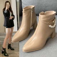 metal decoration women ankle boots leather squre toe thick heels pumps for women working basic shoes for woman fashion boots