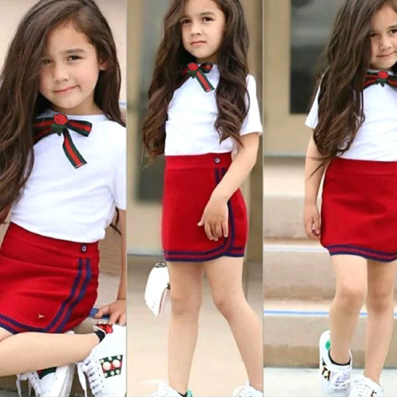 

Fashion Cute Children's Clothing Bowknot White Short-sleeved T-shirt Suit Girls Bag Hip Skirt Suit Girls Boutique Outfits