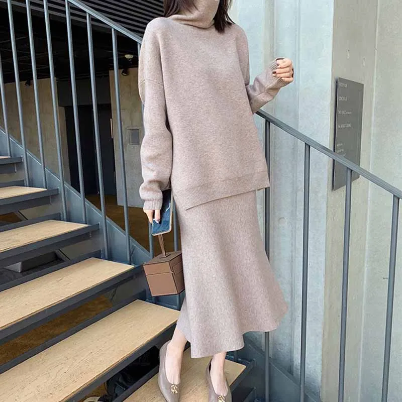 

Elegant Ladies Solid Cashmere Loose Sweater Skirt 2 Piece Set Women Fashion Turtleneck Long Sleeve Knitted Pullovers Skirt Suit