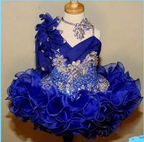 

Cute Girl's Glitz Pageant Dresses Royal Blue Lace Flower Girl Dresses Hand Made Flowers Beads Crystals Tiers Toddler dress