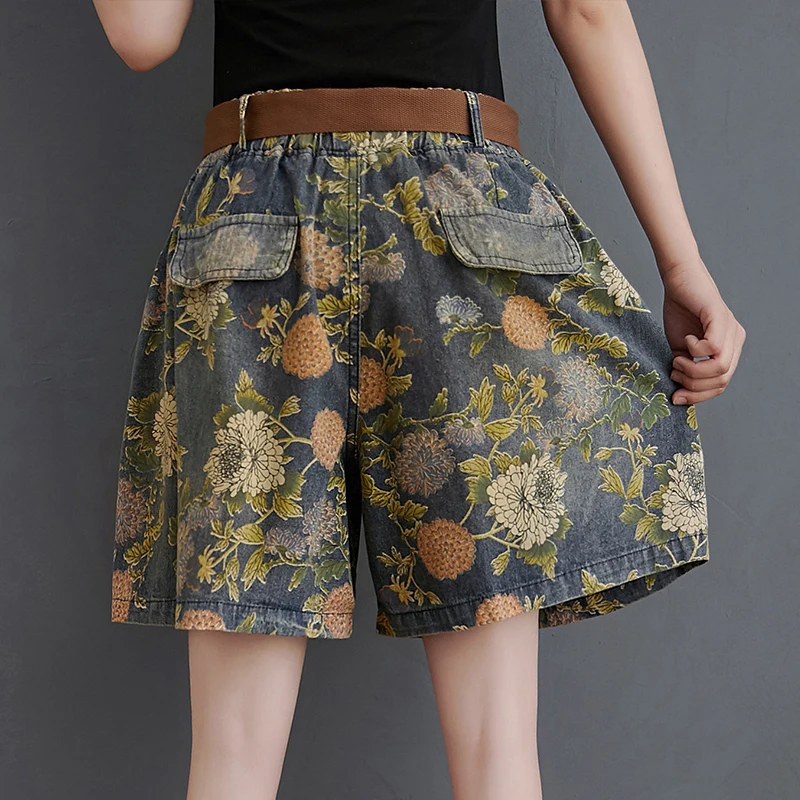 

Women Vintage Print Denim Shorts Pluis Size Distressed Streetwear High Waist Baggy Jeans Short Feminino Mom Wide Leg Jeans Pants