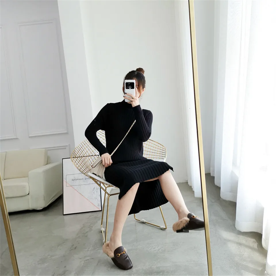 Раздельное однотонное платье с круглым вырезом и длинным рукавом Vestido, милое зимнее трикотажное платье, Осеннее женское элегантное платье, новинка года, модное тонкое мягкое женское платье