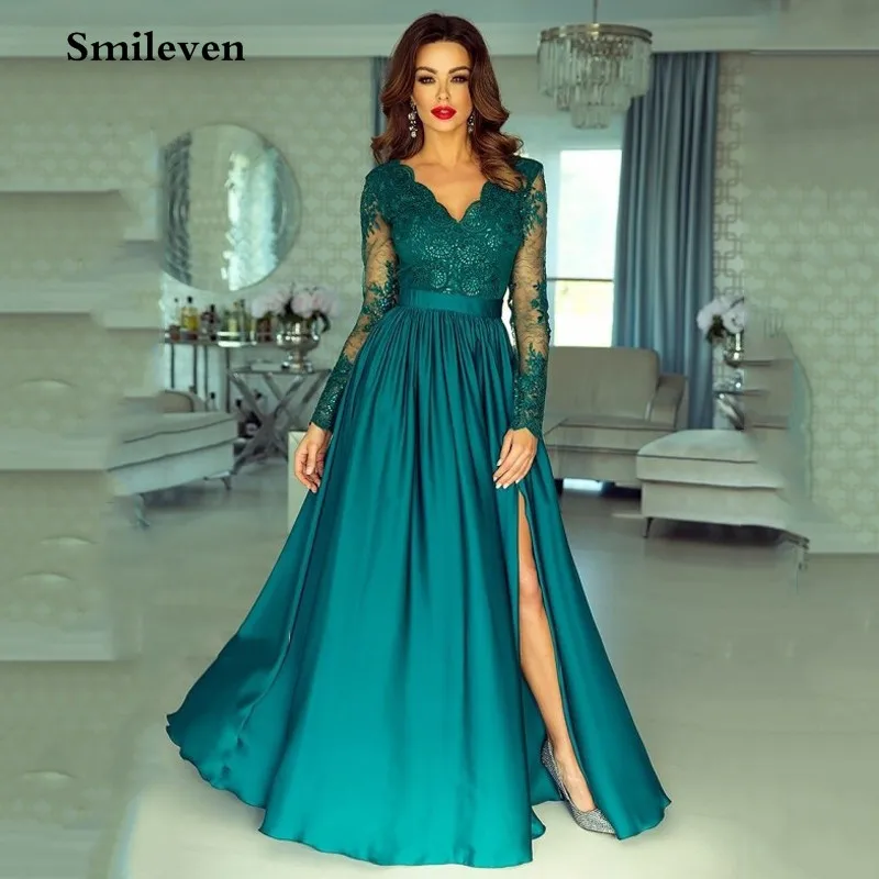 

Smileven Sexy V Neck Formal Evening Dress Long Sleeve Prom Party Dress Side Split Longo Party Gown Custom Made