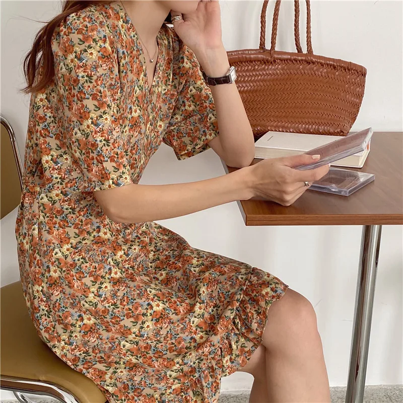 

HziriP Summer New Elegant Korean V-Neck Floral Lady Chiffon Dress 2021 Chic Fashion All-Match Casual Gentle Women A-Line Dress