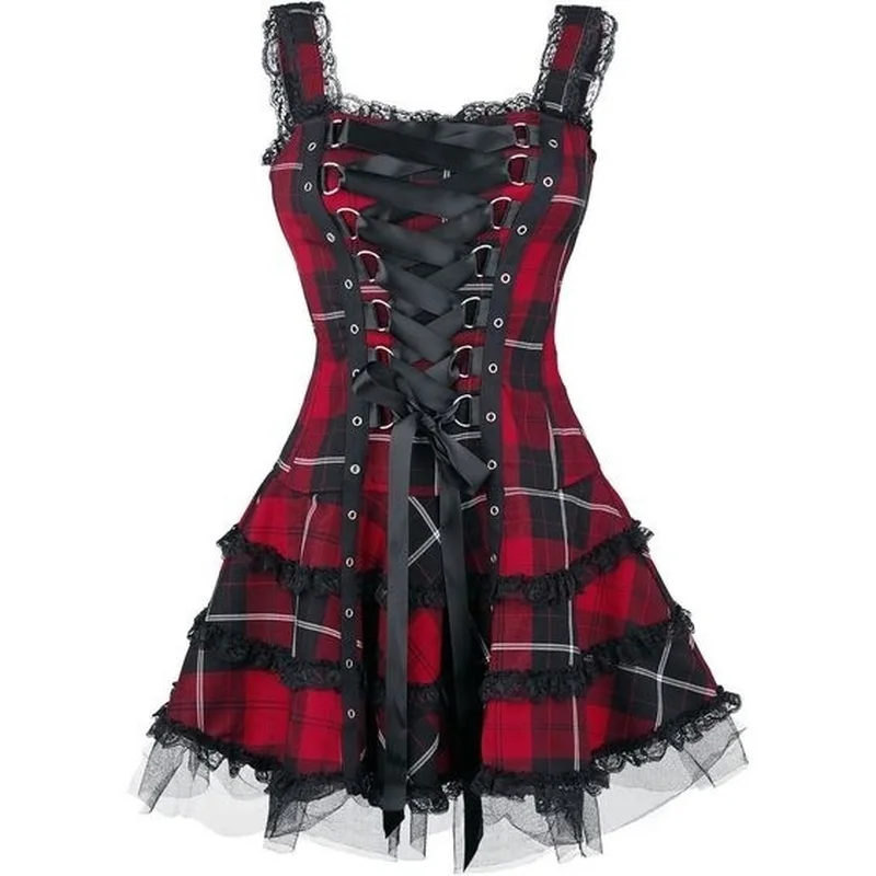

Dress Women Classic Frill Lace Dresses Sleeveless Plaid Vintage Gothic Mini Dresses Ball Gowns Cosplay Costume Plus Size Dress